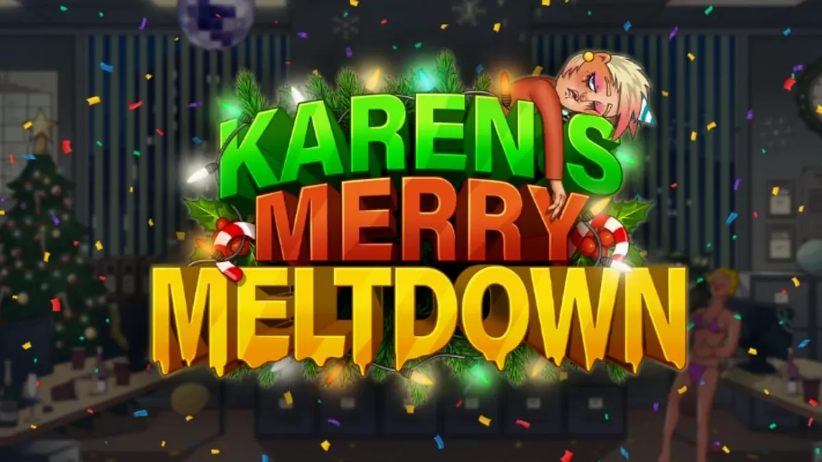 Interface do jogo Karen’s Merry Meltdown com tema de festa corporativa caótica