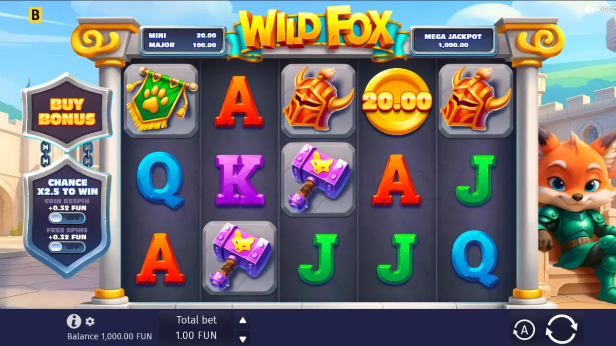 Interface do jogo de slot Wild Fox com a raposa cavaleiro em destaque